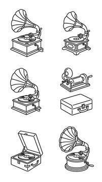 Set of vintage gramophone and record player icons Vector