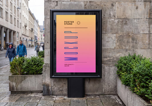 Poster Stand Mockup on European Cobblestone Street with Greenery