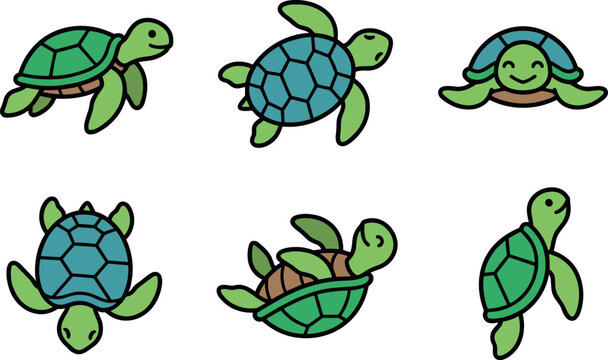 Cute Cartoon Sea Turtle Vector Icon Set Featuring Playful Green Turtles Swimming Crawling And Rolling In Various Poses Graphic Sticker Elements