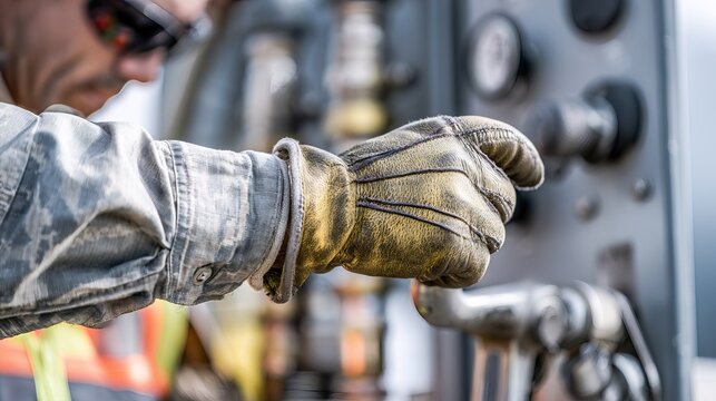 A skilled oil and gas worker meticulously adjusts valves on a complex industrial pipeline system, demonstrating expertise and precision