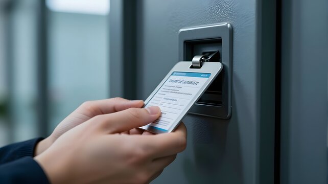 Employee scanning a security identification badge at a modern electronic door lock reader to gain authorized access into a secure corporate office area