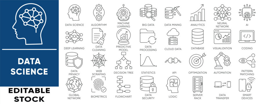 Data Science and Machine Learning Editable Stroke Icons