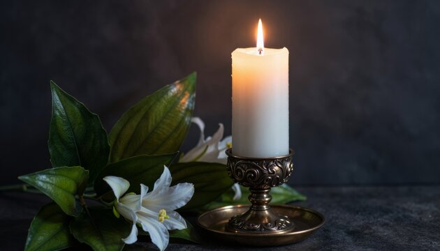 Single lit candle in ornate holder on dark surface. White lily flowers and green leaves beside candle