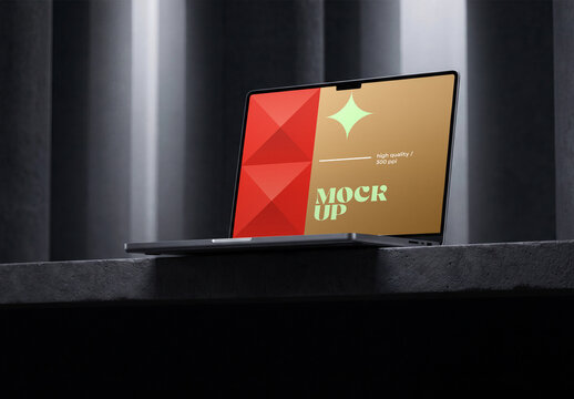 Laptop Screen Mockup on Dark Concrete Ledge Perspective View