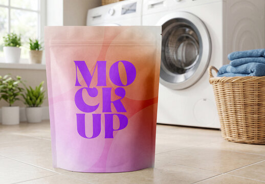 Stand Up Pouch Mockup in Laundry Room with Washing Machine Background