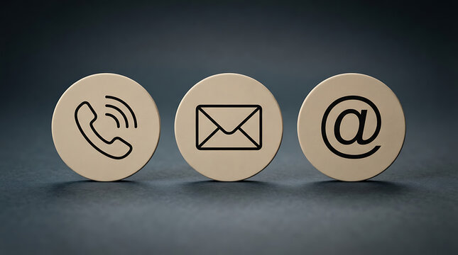 Three minimalist contact icons representing telephone email and internet communication displayed on circular textured beige buttons against dark background