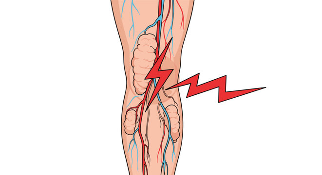Diagram showing a human leg affected by varicose veins with a red lightning bolt representing sudden pain.
