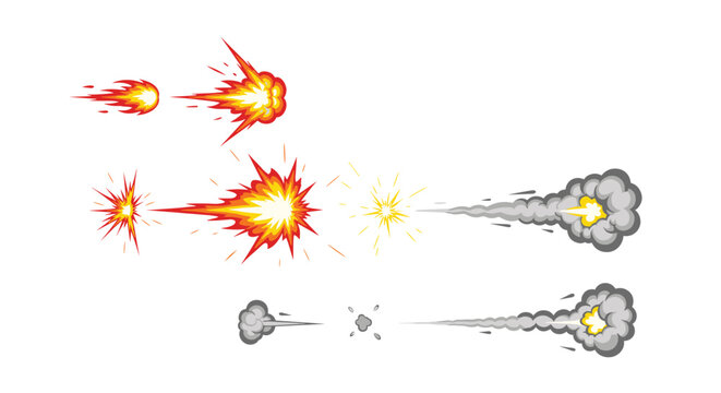 Cartoon fire muzzle flashes, explosions, and smoke trails from gunshots isolated on white background.