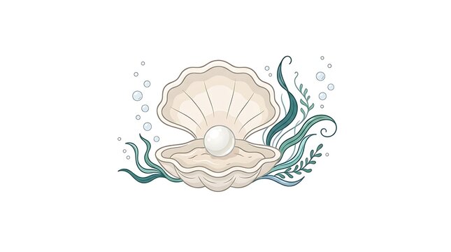 Elegant white pearl resting inside an open seashell with green seaweed