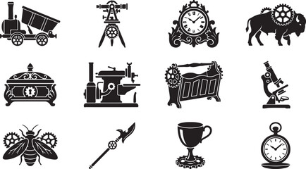 Set of black steampunk icons with mechanical vintage objects gear clock locomotive animal and tools isolated on white background, Vector © RobiulIslam