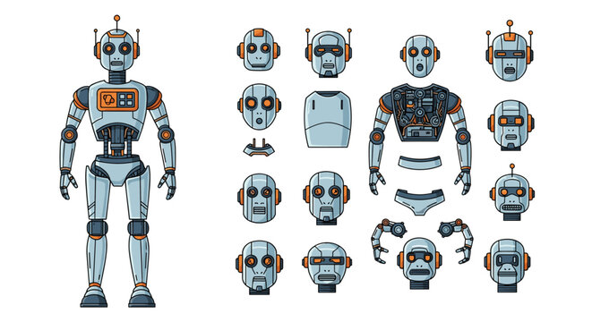 Modular robot character construction set featuring various body parts, limbs, and facial expressions in retro style.