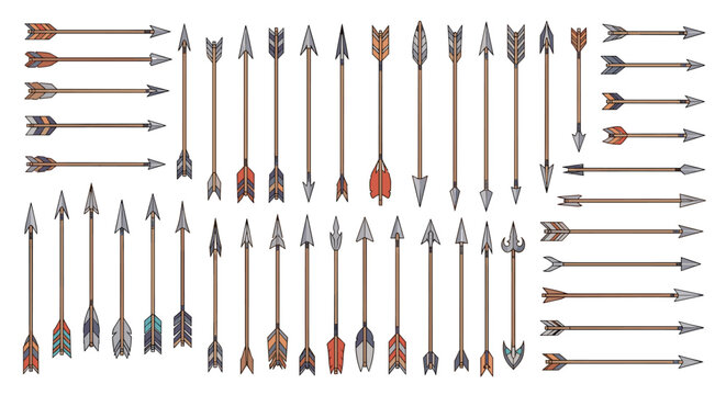 Large collection of medieval and tribal archery arrows with various fletching and arrowhead designs, vector set.