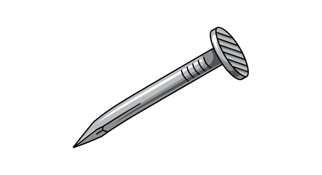 Single straight metal nail with a sharp point, casting a soft shadow on a clean white background, vector.