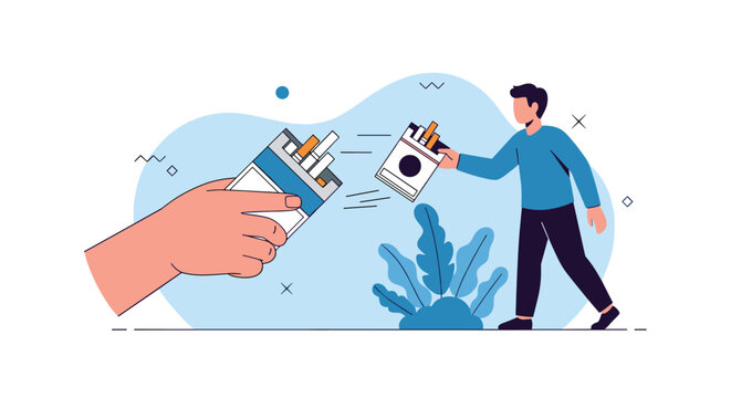 Giant hand offering a pack of cigarettes to a young man, concept of peer pressure and smoking addiction.