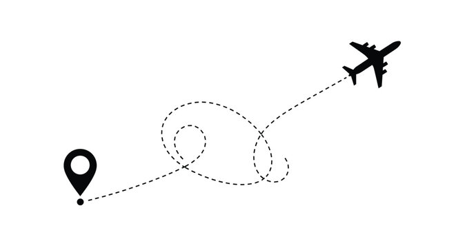Minimalist flight path map route from a location pin to an airplane silhouette, flat vector illustration.