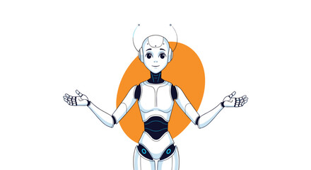 Fototapeta premium Friendly white robot with a cute smiling face and open hands standing in front of an orange circle background.