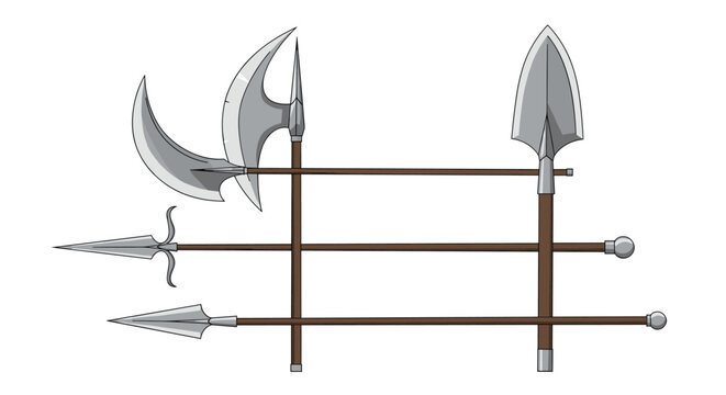 Medieval weapon display showing various spears, halberds, and polearms on a rack over a clean white background.