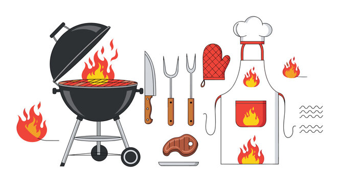 Complete barbecue equipment set featuring a round grill, cooking utensils, meat cuts, and fire patterned chef apron.