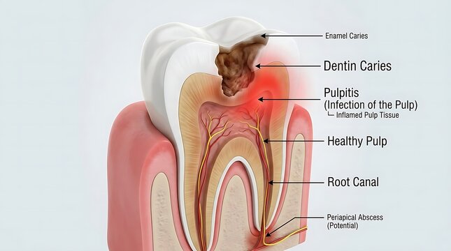 Diagram of tooth anatomy with labeled parts including enamel dentin pulp gums