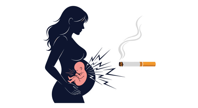 Silhouette of a pregnant woman with a fetus inside her belly, affected by lightning strikes from a smoking cigarette.