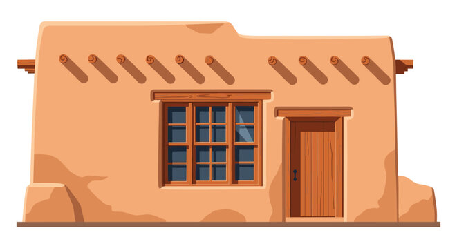 Traditional southwestern adobe pueblo clay house with wooden vigas beams, a wooden door, and a classic glass window.