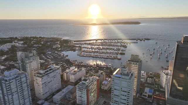 Sunset Punta Del Este In Punta Del Este Maldonado Uruguay. Stunning Tropical Coastline Beach Scene Viewed From Above. Sunset Downtown Cityscape. Golden Hour Skyline. Punta Del Este Maldonado.