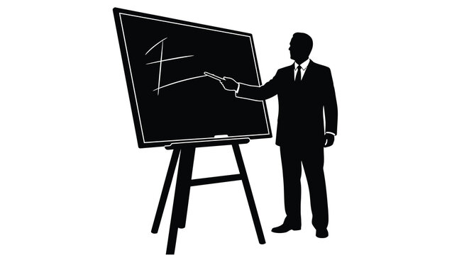 Teacher presenting at chalkboard with graph black silhouette against a white background silhouette academic adult board chalk classroom communication concept