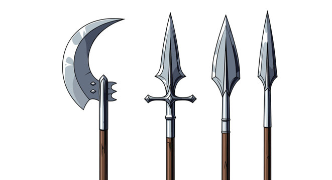 Collection of four different types of historical combat spears, glaives, and halberds with sharp metal tips.