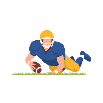 American football quarterback in uniform lunging forward to recover a fumbled ball on the field grass during a competitive match, vector illustration style in EPS format.