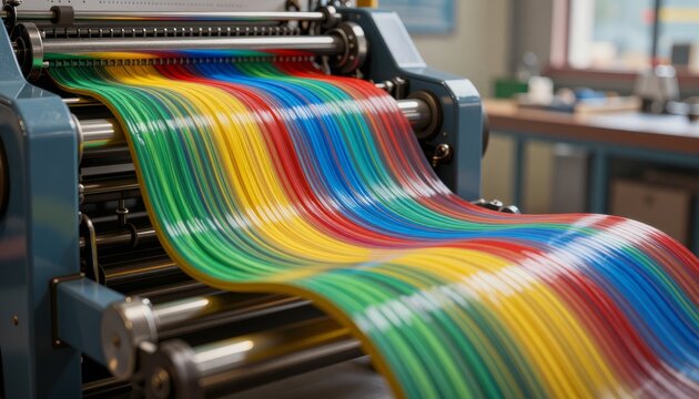 Vibrant, multi-colored plastic sheet flows through industrial extrusion machine rollers. Smooth
