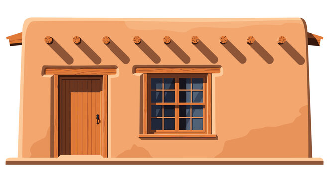 Pueblo style adobe house facade with flat roof wooden vigas protruding beams and wood window frame.
