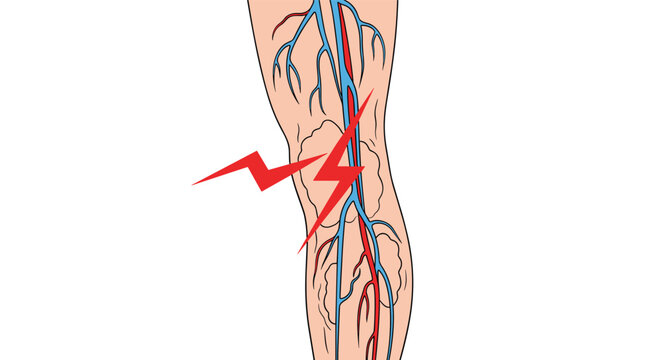 Anatomical diagram of varicose veins on a human leg highlighted with red lightning bolt pain symbols.