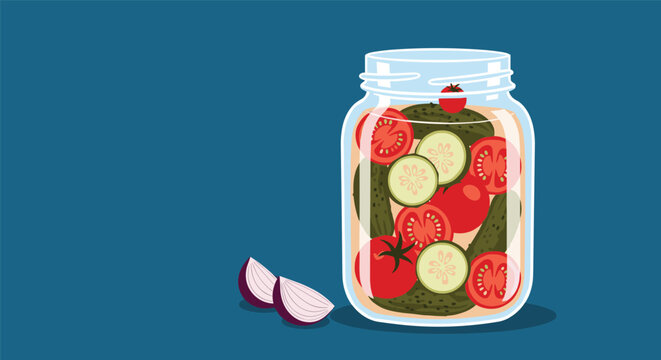 Glass jar filled with colorful pickled red tomatoes and green cucumber slices next to purple onion pieces.