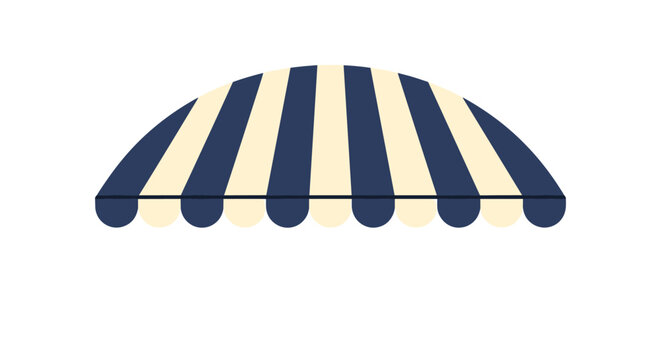 Dark blue and light beige striped round dome awning shop canopy isolated on a clean white background.