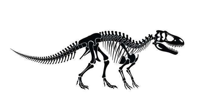 Detailed black silhouette of a prehistoric dinosaur skeleton in a side view isolated on a clean white background.