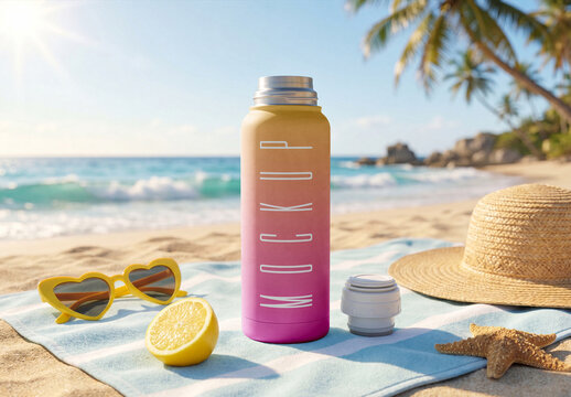 Thermos Water Bottle Mockup on Beach Towel with Sunny Sea and Palm Trees Background
