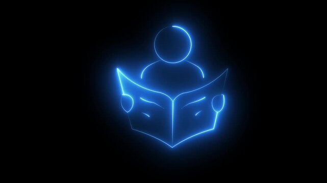 Minimal glowing neon person reading book icon animation on an isolated black background. Modern education symbol with smooth luminous lines, ideal for e-learning, online