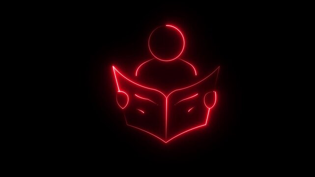 Minimal glowing neon person reading book icon animation on an isolated black background. Modern education symbol with smooth luminous lines, ideal for e-learning, online