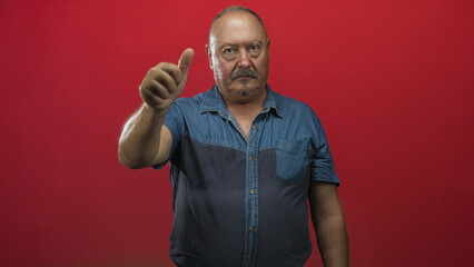 Fototapeta premium Man showing thumbs up with right hand and visible thumb, wearing denim shirt in studio red backdrop; confidence support encouragement.