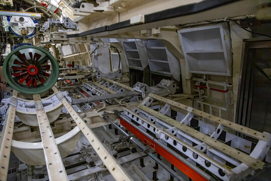 Detailed interior view of retired HMCS Ojibwe submarine in Port Burwell, Ontario.