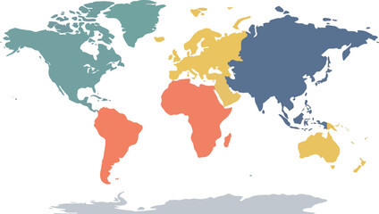 Fototapeta premium Colorful world map with distinct regions and continents in a flat modern infographic style design
