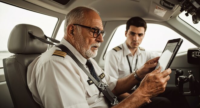 Full- or half-body shot of the elderly pilot running through a paper/tablet checklist or consulting a tablet while buckled in; examiner or co-pilot visible in background
