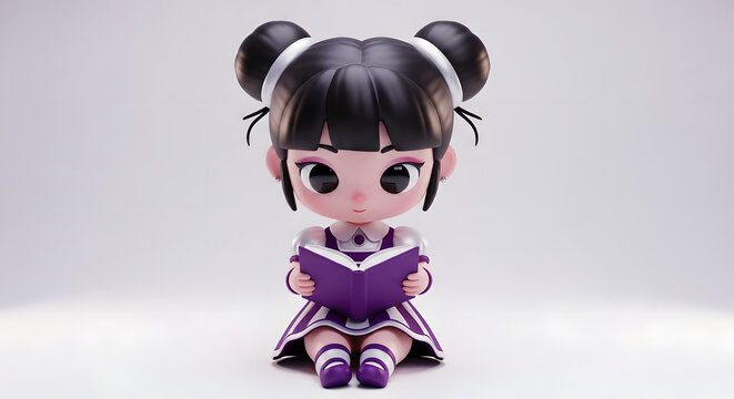 Cute 3D chibi girl character sitting and reading a purple book