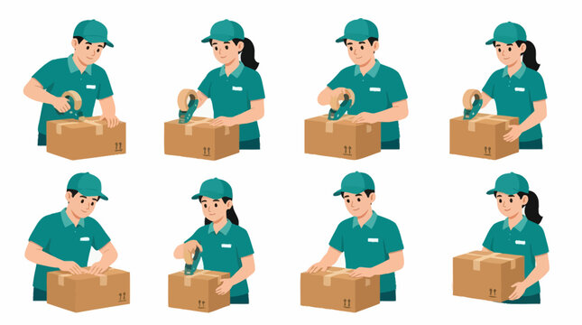 Warehouse workers packing and sealing delivery boxes