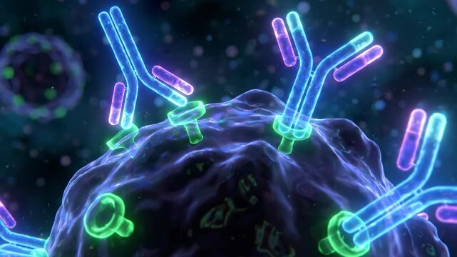 Vibrant abstract illustration depicting antibodies engaging with viruses in a scientific context