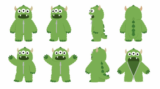 Cute green furry monster character poses collection.