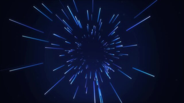 Blue hyperspace warp speed light streaks flying through space background loop