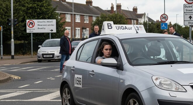 parallel parking, driving maneuver, parking test, learner practice, driving exam action.