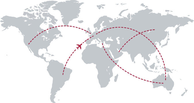 Global travel concept with airplane flight routes on a world map for logistics and tourism ads.