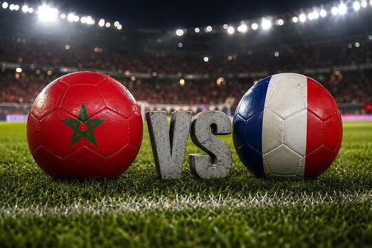 Close-up of soccer balls with Morocco and France flags on a stadium field during match